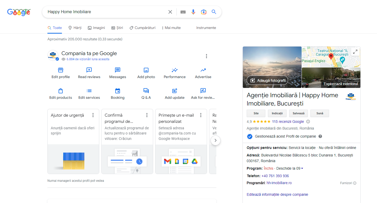 Captură de ecran din Google Business Profile, decembrie 2022